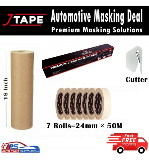 J MASKING TAPE AUTOMOTIVE 24MM x 50M MASKING POLY FILM 120M, 18" PAPER EASY TEAR